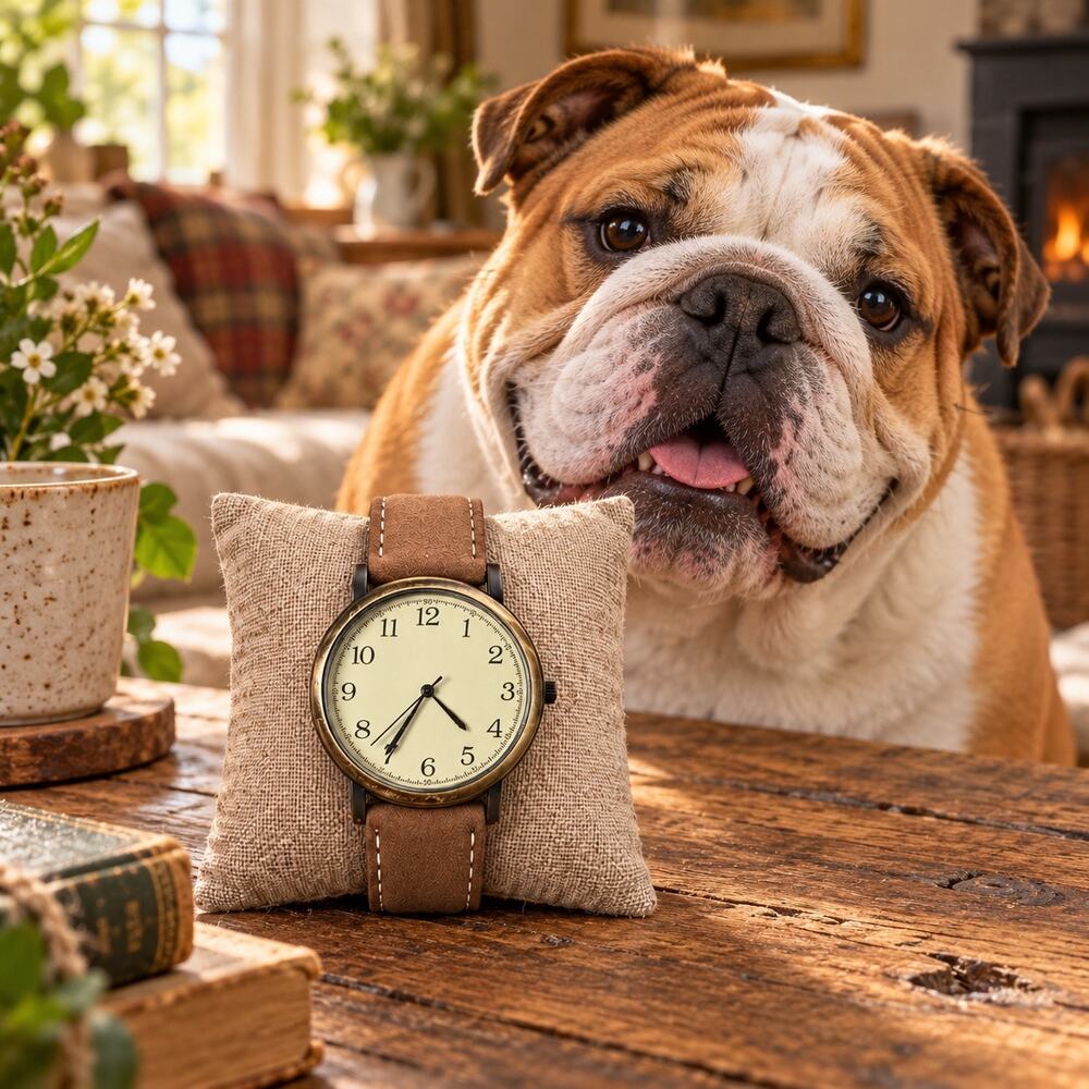 Men’s 40mm Brass Tone Watch Brown Vegan Leather Band NWOT New Battery
